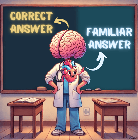 A cartoon character representing a resident deciding between USMLE question answers.