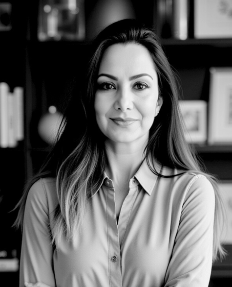 A black and white photo of author and shadow worker LVF in a button-down shirt; beautiful woman.