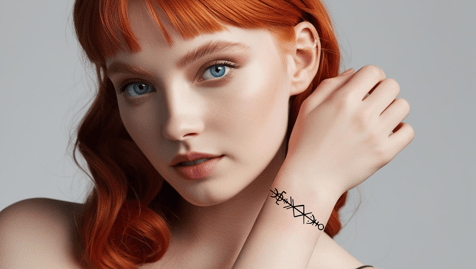 a woman with red hair and a tattoo on her wrist