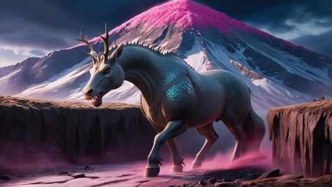 a unicorn unicorn in a mountain landscape with a mountain in the background