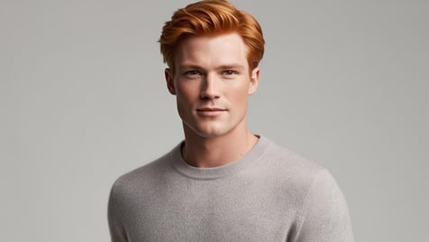 a man with a red hair and a grey sweater