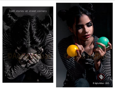 Diptych of a girl with balloons while the other half had head down, holding her face in sorrow.