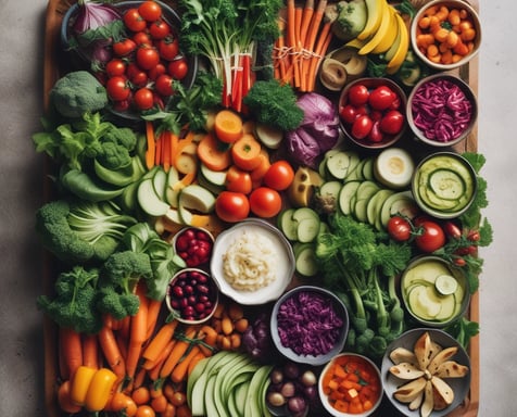 An assortment of meal prep containers with a variety of foods including grilled chicken with a lemon slice, zucchini noodles, and a dish with sauce over greens. Surrounding these are ingredients like fresh Swiss chard, a red onion, eggs in a carton, garlic cloves, and a small bowl of olive oil with a sprig of rosemary.