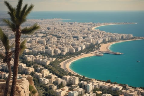 "Haïfa vue du haut des jardins Bahaïs : une carte postale entre ciel, mer et harmonie."