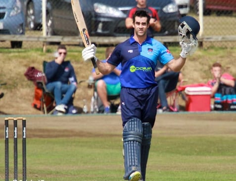 Marc Ellison completes his century v Waringstown, 2019 Challenge Cup Final, Cricket Europe