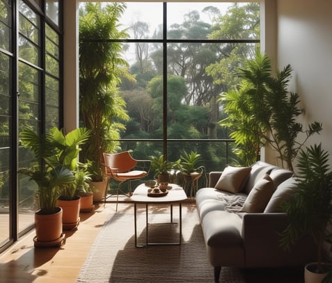 A beach scene with a makeshift hut made of wooden sticks and dried palm leaves. Two white Adirondack chairs are placed in front of the structure, which has a 'For Rent' sign hanging. Surrounding the hut is an expanse of sandy beach, and modern beachfront homes are visible in the background under a clear blue sky.