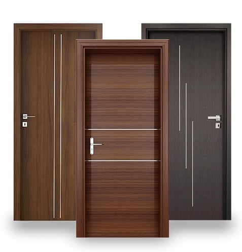 a set of three doors with a wooden flush door