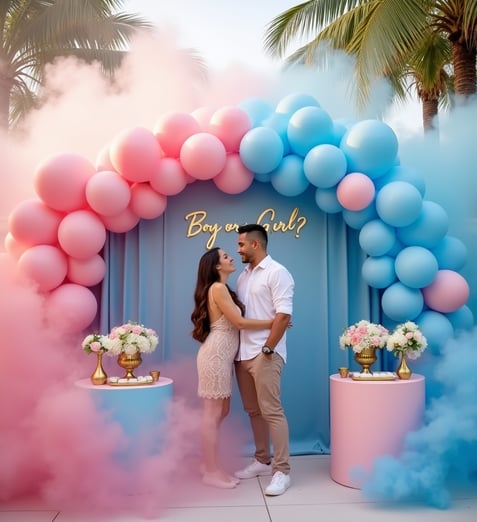 Luxury gender reveal party scene featuring a happy couple celebrating amidst pink and blue smoke, elegant balloon garlands, a