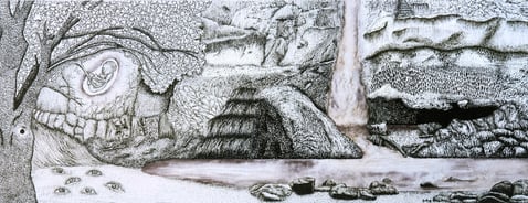 Ink and watercolor artwork of a fetus attached to a tree next to a waterfall