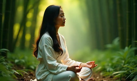 A woman sitting in meditative state of flow and connection in her life