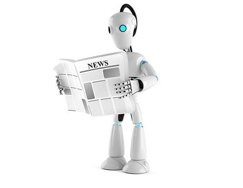 a robot with a newspaper article on the front of a newspaper