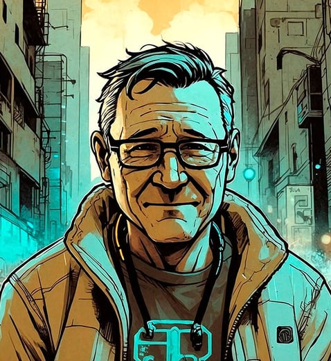 Portrait photo transformed into a comic painting of aman with cyber style
