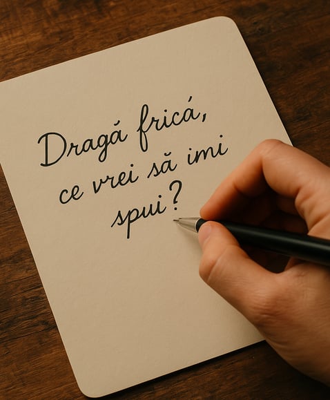 Mână scriind pe hârtie mesajul Dragă frică, ce vrei să îmi spui?