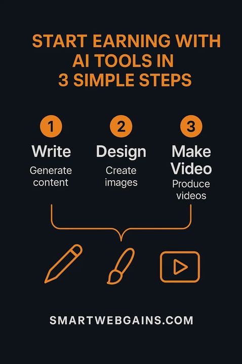 Simple 3-step visual guide to start earning with AI: write, design, and create videos