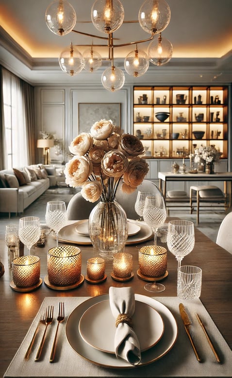 <img src="Ambiente de decoração sofisticado com mesa posta, velas e organização."