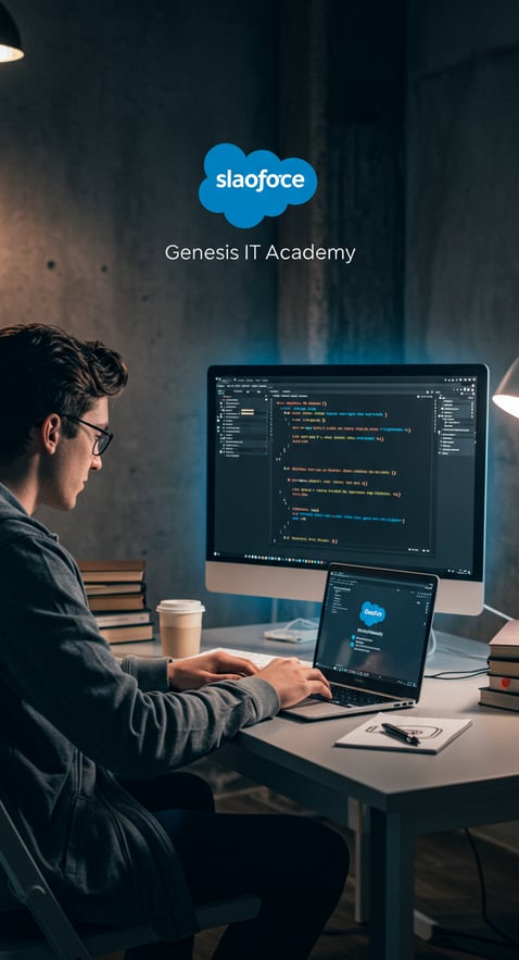 un chico estudiando y trabajando con Salesforce en Genesis IT Academy