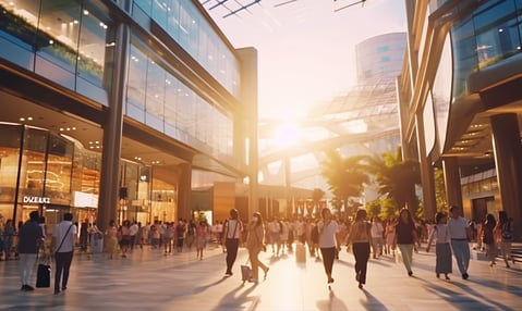 a group of people walking through a shopping mall in Central Hong Kong