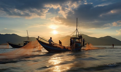 a boat with fishermen with their catch of the day in Phuket, Thailand