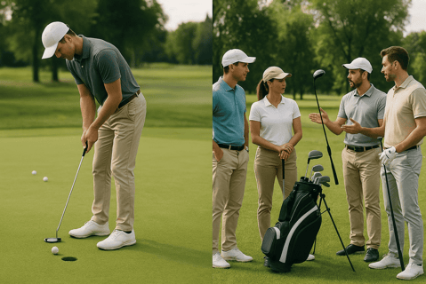 Split image: solo golfer practices putting; group strategizes, showing skill growth differences.