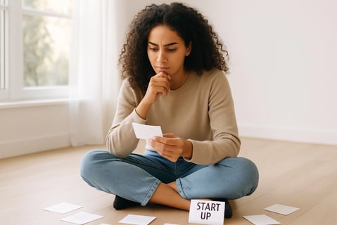 a woman sitting on the floor with a notepad and a pen