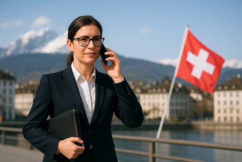 a woman in a suit and glasses talking on a cell phone
