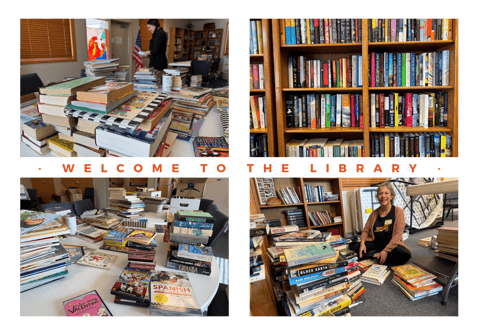 Photo collage of interior of Rockrimmon Interim Library and volunteers