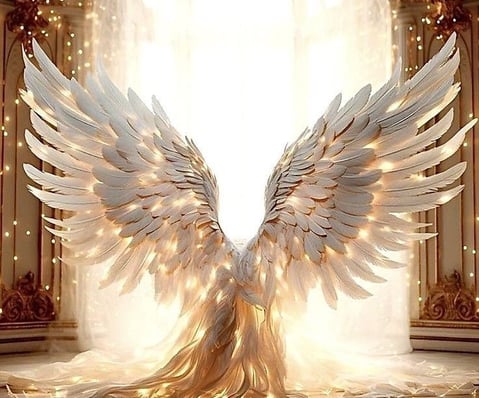 Une paire d'ailes d'anges dorées devant une porte illuminée