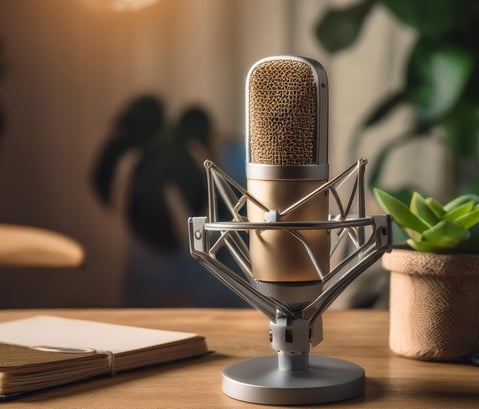 podcast microphone on a desk with succulent plant