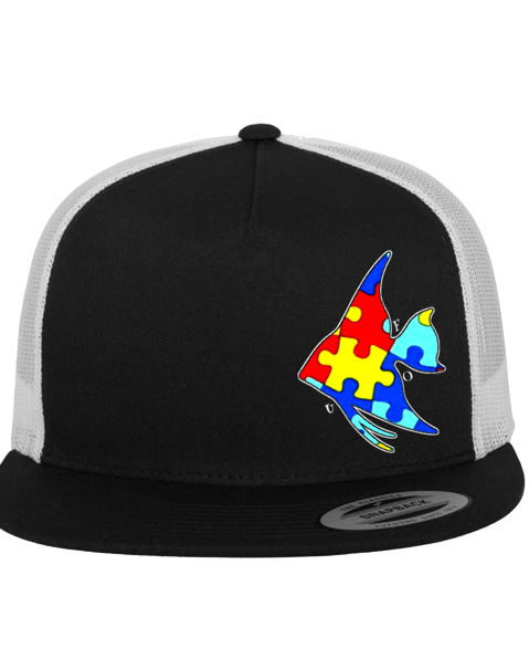 a black and white hat with a colorful puzzle piece