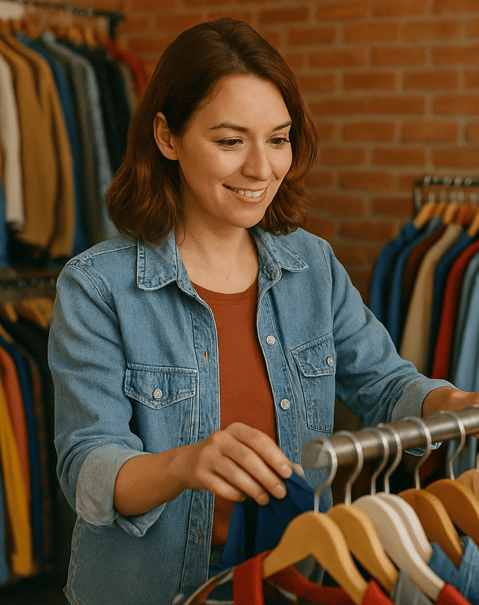 Femme dans un magasin de vêtements d'occasion pour la journée mondiale