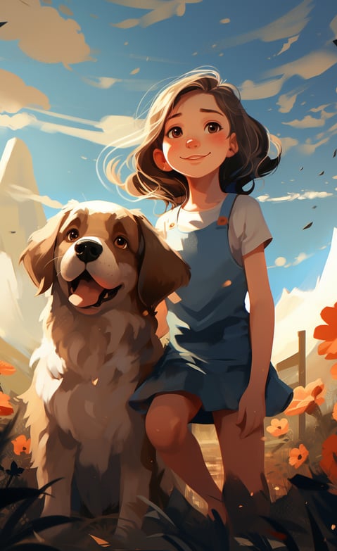a girl in a blue dress is standing in a field