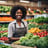 A vibrant market stall displays a colorful array of fresh vegetables including carrots, cucumbers, radishes, red peppers, and eggplants. Lush bunches of parsley and lettuce add greenery. Two chalkboard signs denote prices in French. The background features a striped awning and a blurry street scene.