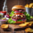 A gourmet burger loaded with layers of fresh lettuce, red onion, tomato, pickle slices, cheese, and a beef patty sits on a wooden board. Rustic potato wedges are scattered around, and a small glass bottle of olive oil along with a sauce container can be seen in the background. A metal bowl with raw potatoes and a small cup with seasoning are also visible, contributing to a rustic, cozy kitchen atmosphere.