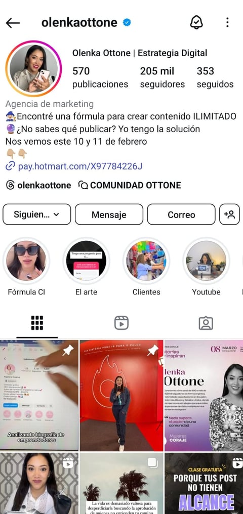 biografia de nstagram, bien organizada, con buen contenido y llamado a la acción