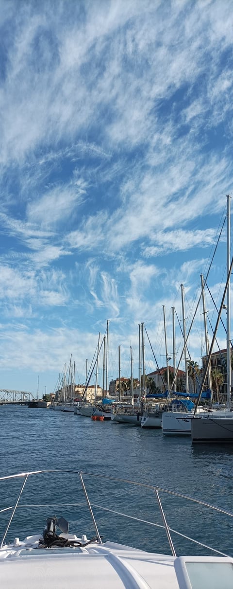 Approaching Pointe Courte on the Sète canal in our boat Emile