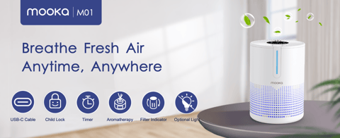MOOKA M01 True HEPA Air Purifier, which contains all functions like aromatherapy,