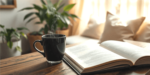 a cup of coffee and a book on a table
