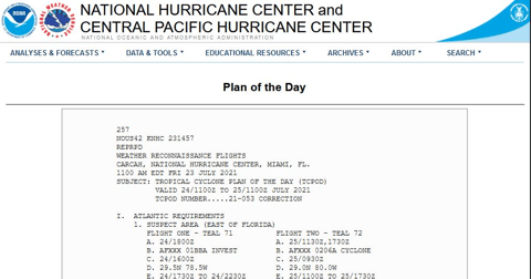 Sample screenshot of previous mission for Hurricane Hunter aircraft from NHC's website.