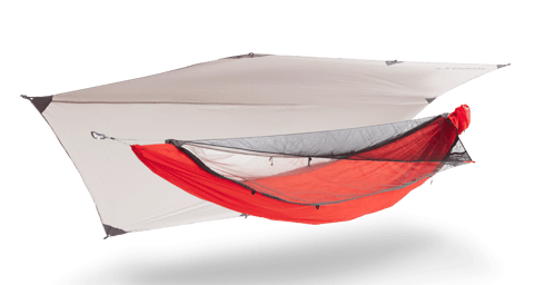 a tent hammock with red and white fabric and rain flap and mosquito netting