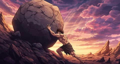 a man, Sísifo, is climbing a rock face down a hill