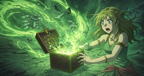 a woman, Pandora, holding a box with a green light coming out of it