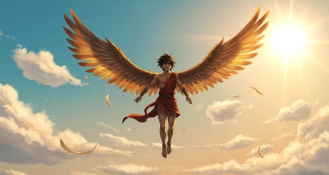 a man, Ícaro, in a red dress flying through the sky