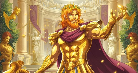 a man, king Midas, in a golden armor suit with a golden crown