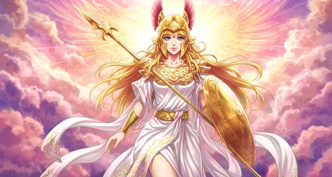 a woman, Athena, in a white dress holding a sword and shield