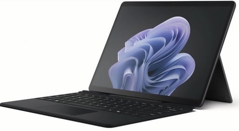 Microsoft Surface Pro 10 in a sleek black finish, shown in an angled view with a detachable keyboard, featuring Windows 11.