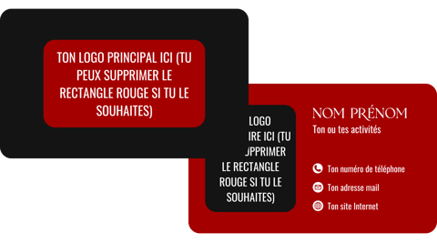 a red and black business card with white colored text