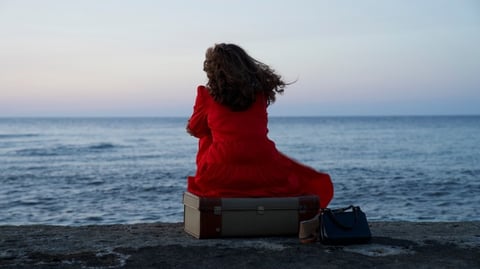 A woman in a red dress sitting on a suitcase, looking out to sea.