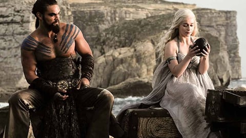 Khal Drogo and Daenerys examine wedding gifts.