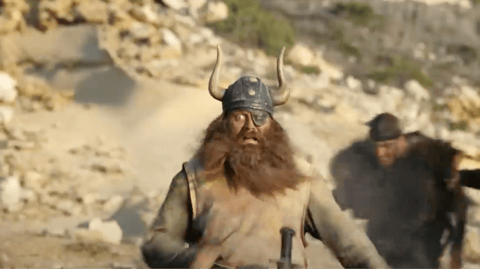 A man with a large red beard in a viking helmet.