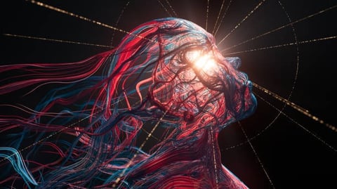 a woman with a glowing head and neck in a dark room